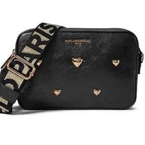 Karl Lagerfeld Black Crossbody Bag with Gold Heart Studs and Branded Strap